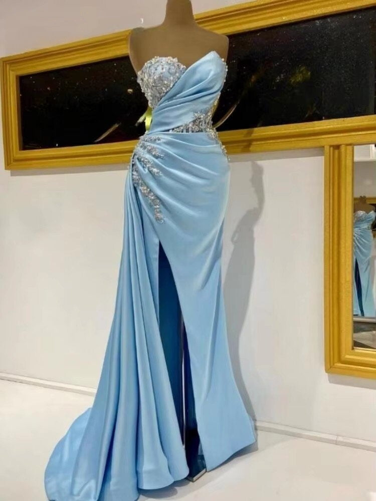 Casual Strapless High Slit Prom Dress Blue Mermaid Beaded Evening Dress AP6789