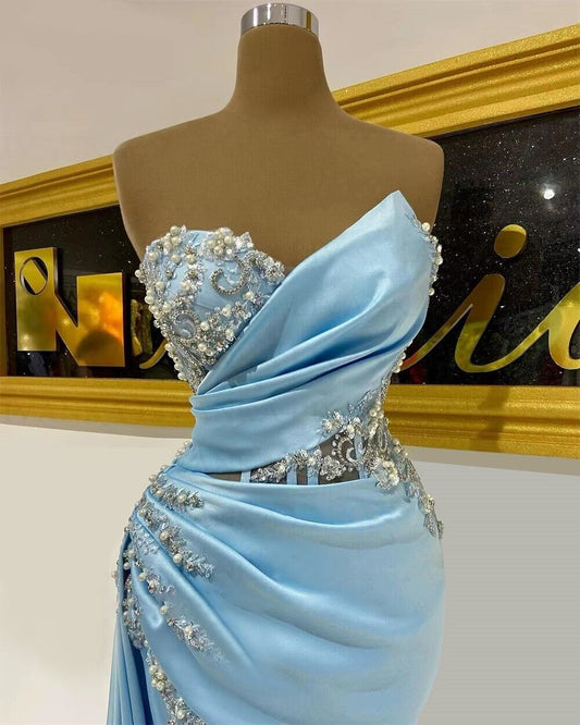 Casual Strapless High Slit Prom Dress Blue Mermaid Beaded Evening Dress AP6789