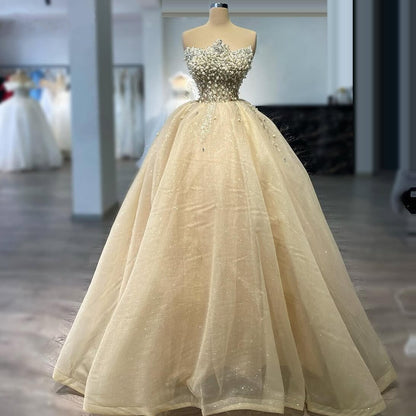 Fairy Strapless Wedding Dress Beige Beaded A-Line Bridal Outfits AP6792