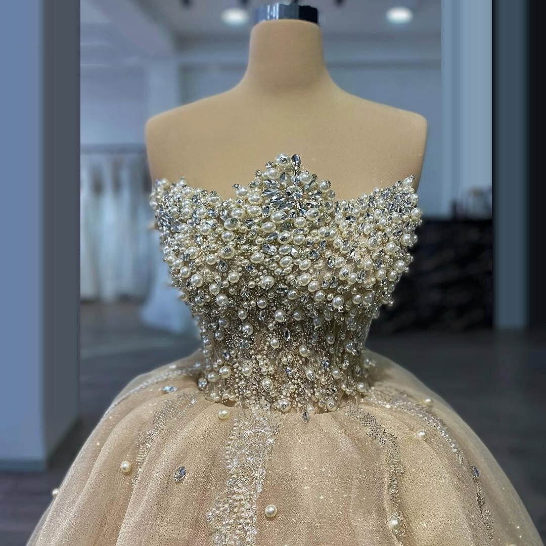Fairy Strapless Wedding Dress Beige Beaded A-Line Bridal Outfits AP6792