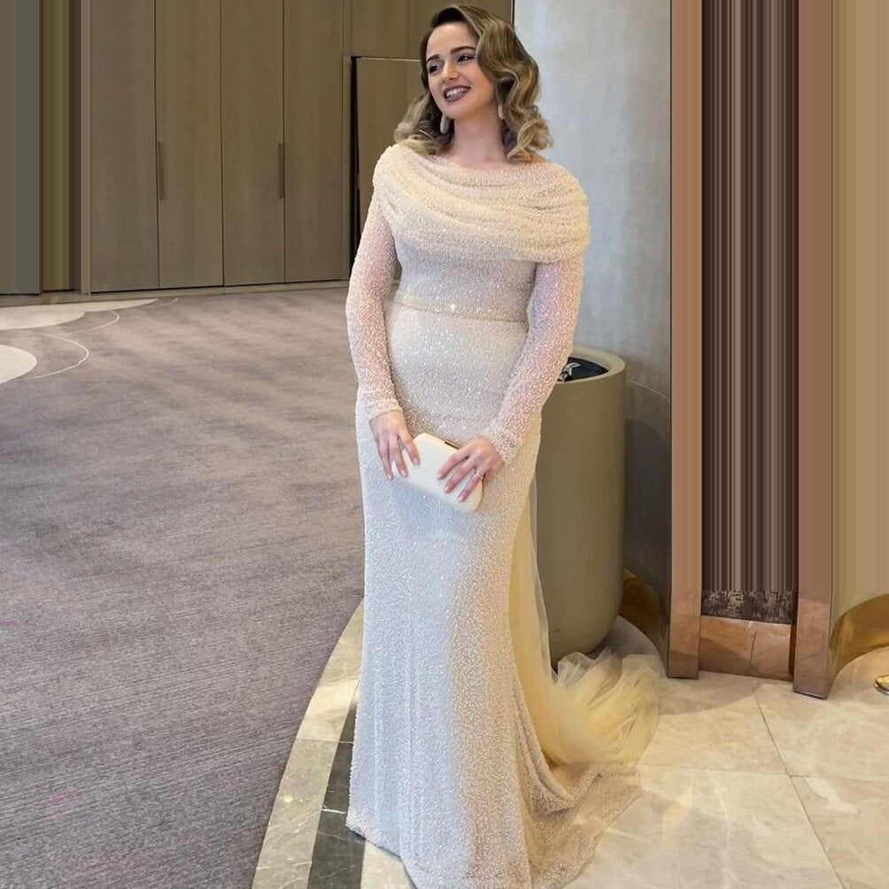 New Tendency Beige Wedding Dress Long Sleeve Sheath Bridal Party Boat Neck Sequins Bridal Outfits AP6793