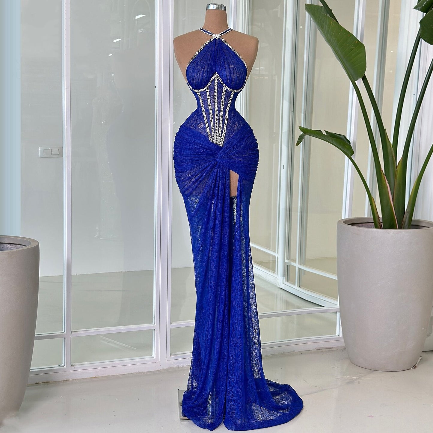 Boho Royal Blue Halter Neck Prom Dress Sheath Formal Wear Beading Lace Evening Dress AP6794