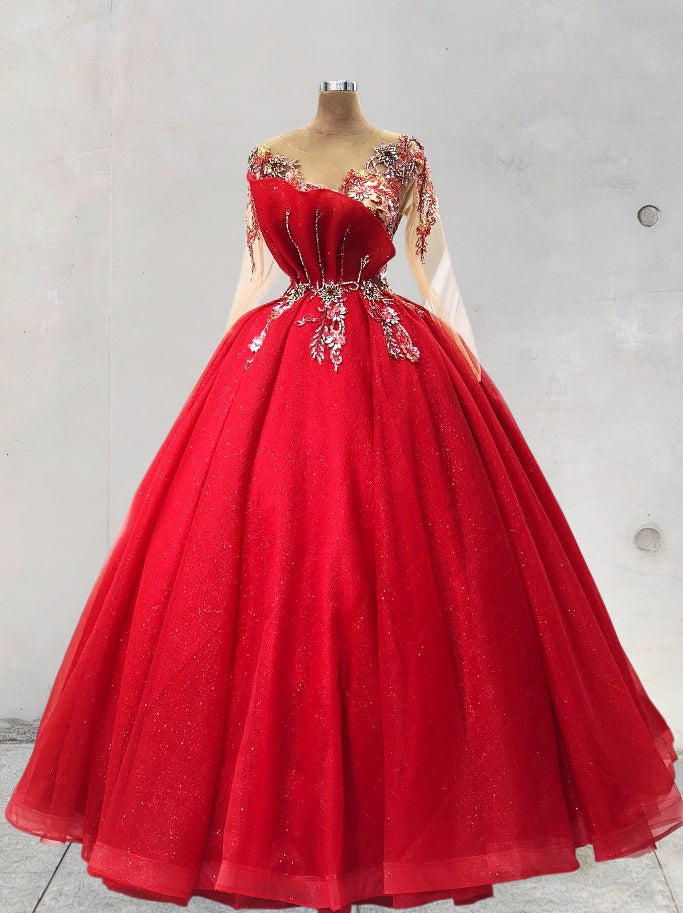 Beautiful A-Line Red Prom Dress Long Sleeve Illusion Neck Evening Gowns Beaded Formal Dress AP6797