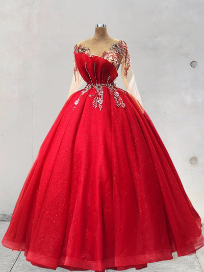 Beautiful A-Line Red Prom Dress Long Sleeve Illusion Neck Evening Gowns Beaded Formal Dress AP6797