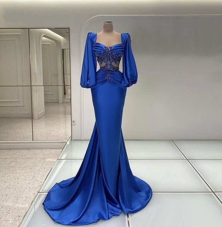 Enchanting Blue Prom Dress Beaded Long Sleeve Mermaid Formal Outfit AP6798