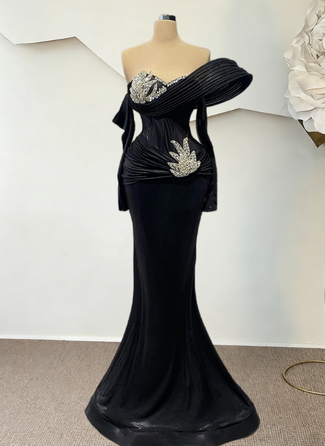 Superb Black Prom Dress Long Sleeve Off-Shoulder Formal Dress Beaded Mermaid Evening Outfits AP6800