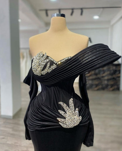 Superb Black Prom Dress Long Sleeve Off-Shoulder Formal Dress Beaded Mermaid Evening Outfits AP6800