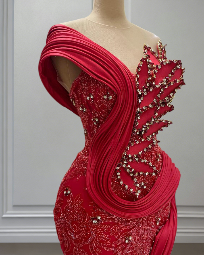 Wonderful Illusion Neck Prom Dress Red Mermaid Beading Sequins Evening Dress AP6801