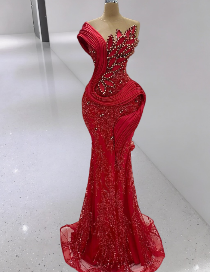 Wonderful Illusion Neck Prom Dress Red Mermaid Beading Sequins Evening Dress AP6801