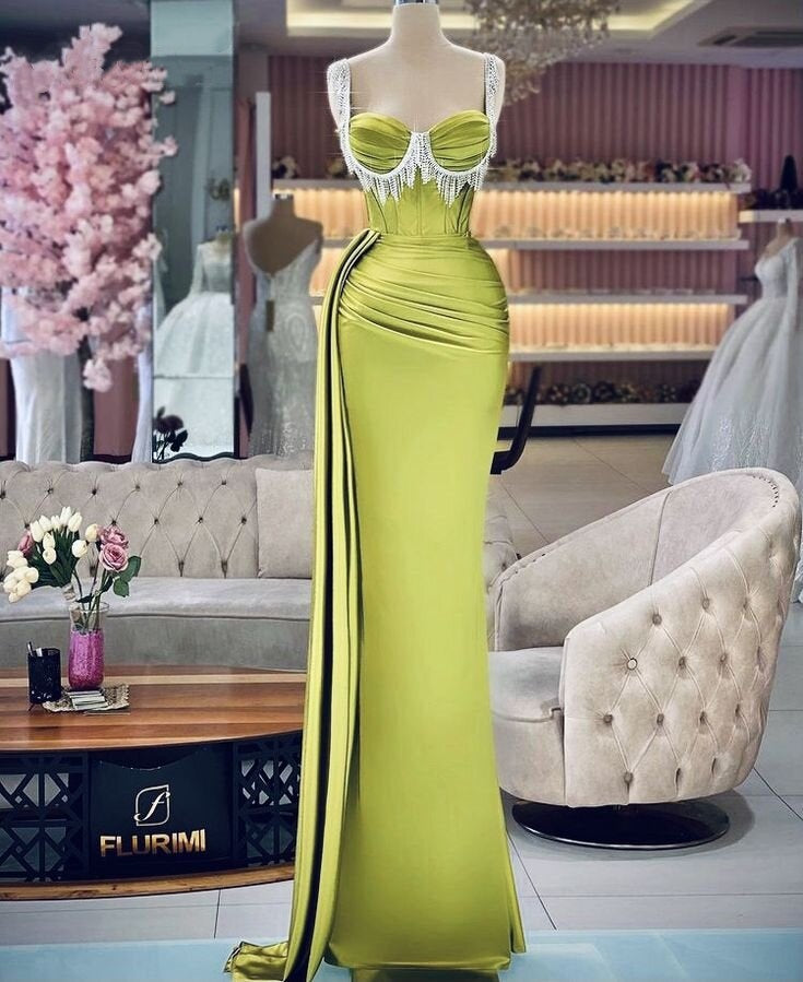Splendid Spaghetti Strap Prom Dresses Green Sheath Evening Dress Beaded Tassel Formal Outfit AP6805