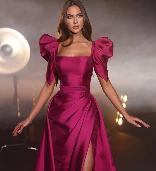 Enticing High-Slit Fuschia Prom Dress Square Neck A-Line Formal Outfit Short Sleeve Evening Dress AP6806