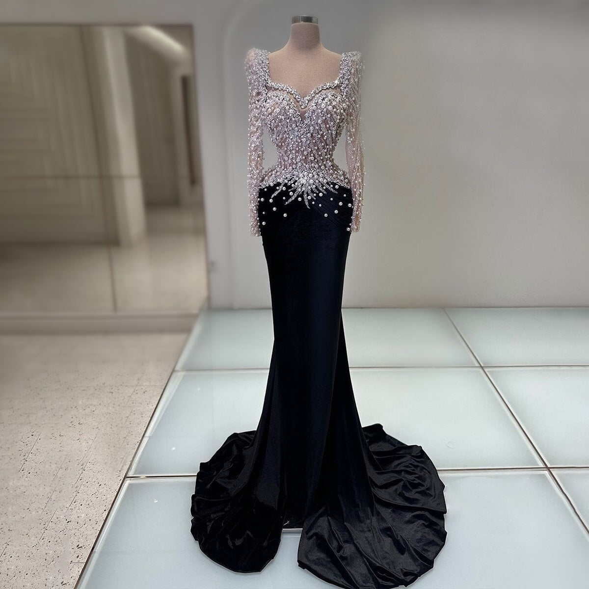Shiny Black Prom Dress Long Sleeve Mermaid Formal Dress Beaded Evening Outfits AP6807