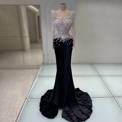 Shiny Black Prom Dress Long Sleeve Mermaid Formal Dress Beaded Evening Outfits AP6807