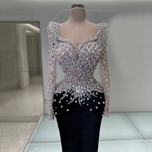 Shiny Black Prom Dress Long Sleeve Mermaid Formal Dress Beaded Evening Outfits AP6807