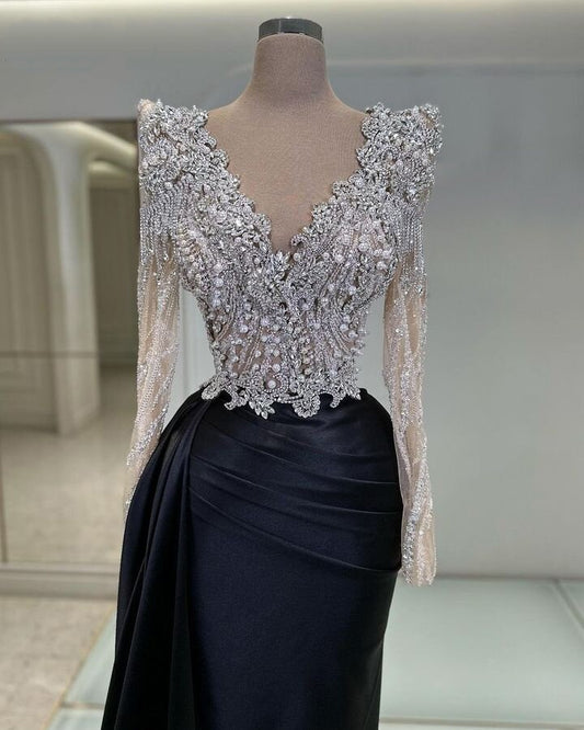 Fresh V Neck Black Prom Dress Long Sleeve Formal Dress Beaded Mermaid Evening Outfits AP6808