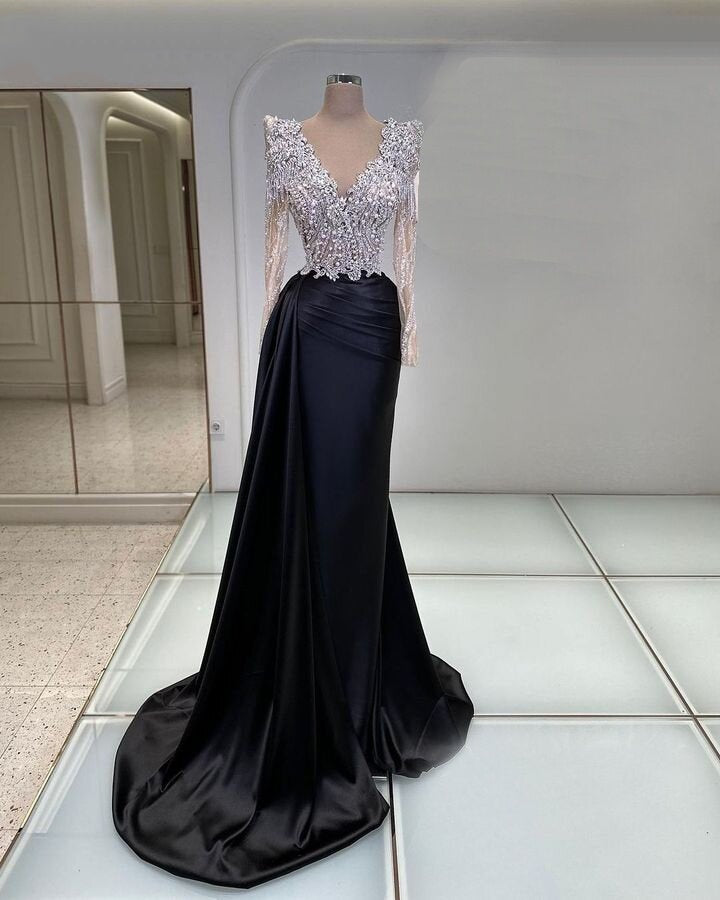Fresh V Neck Black Prom Dress Long Sleeve Formal Dress Beaded Mermaid Evening Outfits AP6808