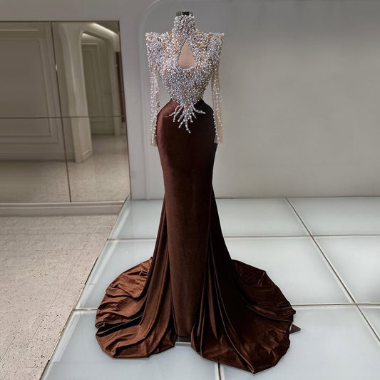 Avant-Garde Brown Prom Dress Long Sleeve Beaded Formal Dress Cutout Mermaid Evening Outfits AP6809