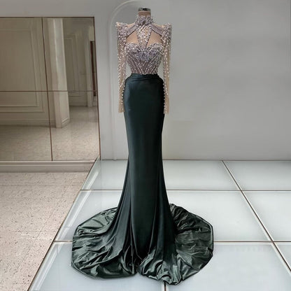 Sleek Emerald Green Prom Dress Long Sleeve Cutout Formal Dress Beaded Mermaid Evening Outfits AP6810