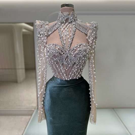 Sleek Emerald Green Prom Dress Long Sleeve Cutout Formal Dress Beaded Mermaid Evening Outfits AP6810