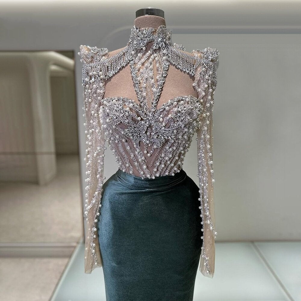 Sleek Emerald Green Prom Dress Long Sleeve Cutout Formal Dress Beaded Mermaid Evening Outfits AP6810