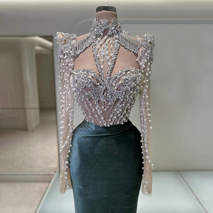 Sleek Emerald Green Prom Dress Long Sleeve Cutout Formal Dress Beaded Mermaid Evening Outfits AP6810