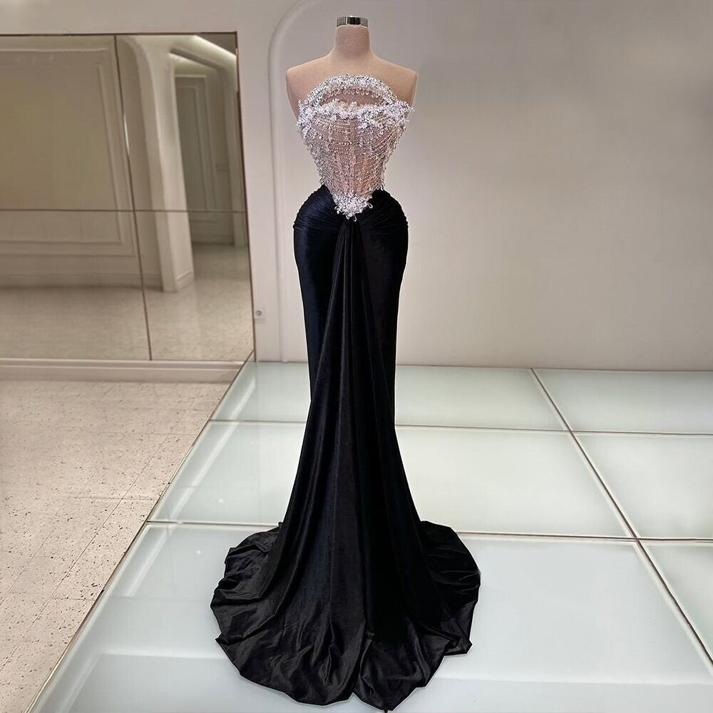 Eye-Catching Black Prom Dress Strapless Mermaid Crystals Evening Dress AP6811