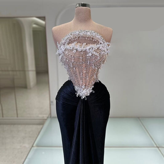 Eye-Catching Black Prom Dress Strapless Mermaid Crystals Evening Dress AP6811