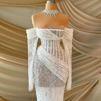 Dainty Off-Shoulder Wedding Dress Lace Long Sleeve Bridal Outfit Beaded Mermaid Bridal Dress AP6812