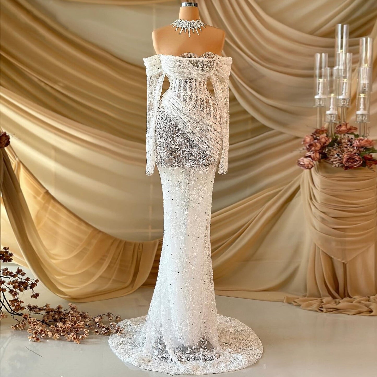 Dainty Off-Shoulder Wedding Dress Lace Long Sleeve Bridal Outfit Beaded Mermaid Bridal Dress AP6812