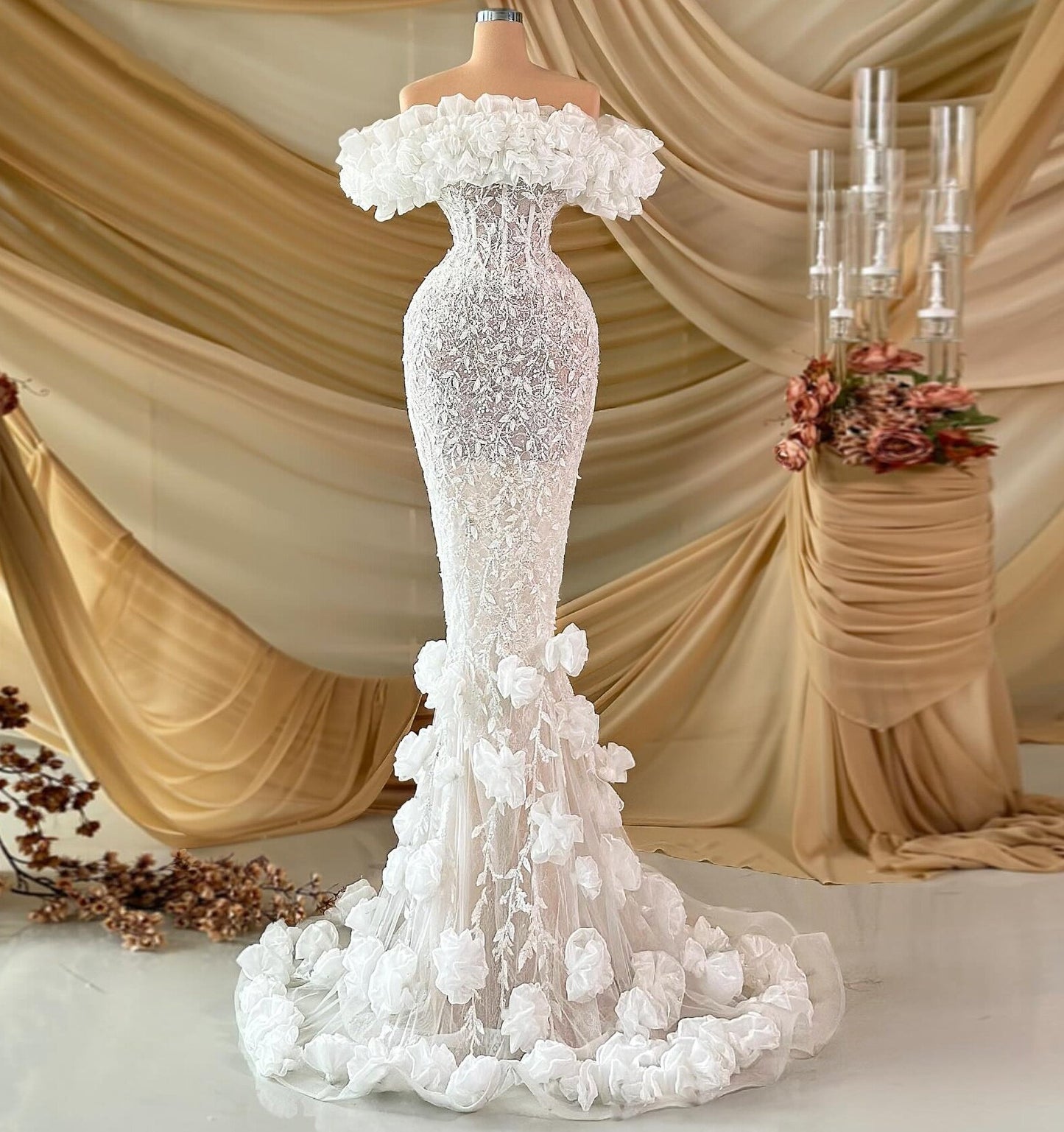 Cozy 3D Appliques Mermaid Wedding Dress Off-Shoulder Bridal Outfit Lace Sequins Bridal Dress AP6813
