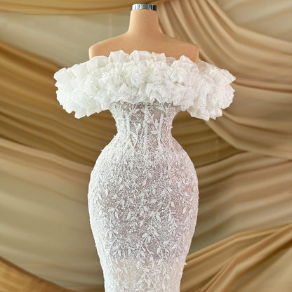 Cozy 3D Appliques Mermaid Wedding Dress Off-Shoulder Bridal Outfit Lace Sequins Bridal Dress AP6813