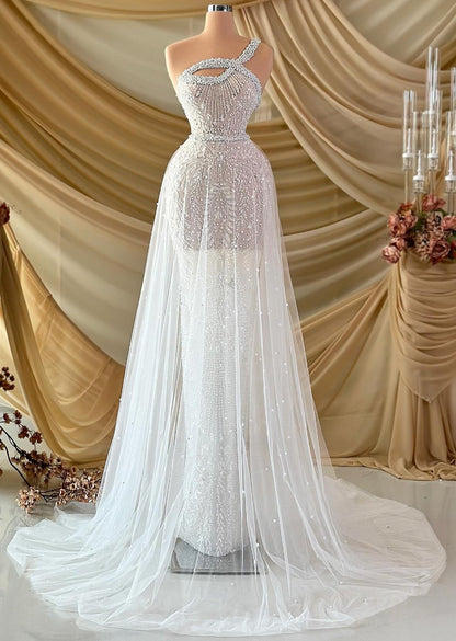 Lustrous One Shoulder Wedding Dress Sequins Beaded A-Line Bridal Dress AP6814