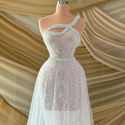 Lustrous One Shoulder Wedding Dress Sequins Beaded A-Line Bridal Dress AP6814