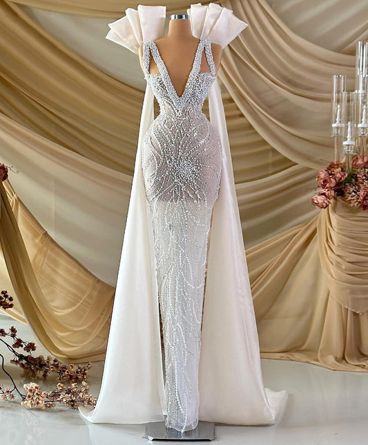 Victorian-Inspired V Neck Wedding Dress Sheath Evening Outfit Beaded Bridal Outfit AP6815