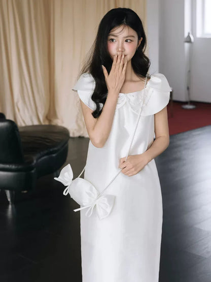 Modest Satin Jewel Neck Wedding Dress Sheath Beads Bridal Dress AP6817