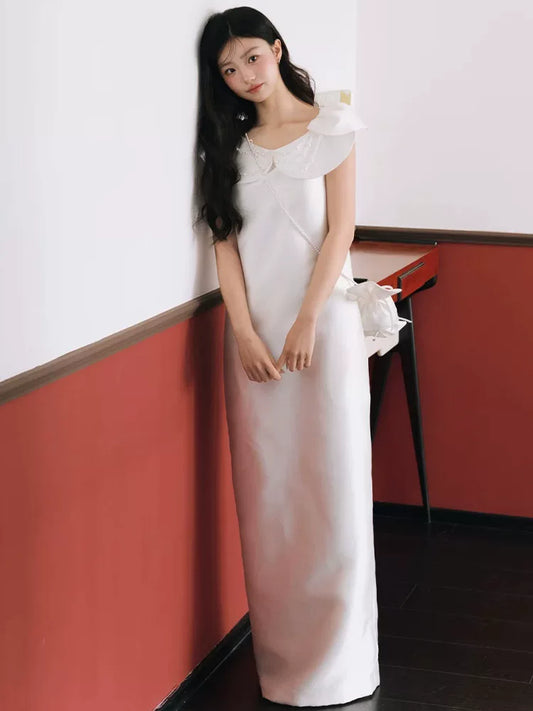 Modest Satin Jewel Neck Wedding Dress Sheath Beads Bridal Dress AP6817