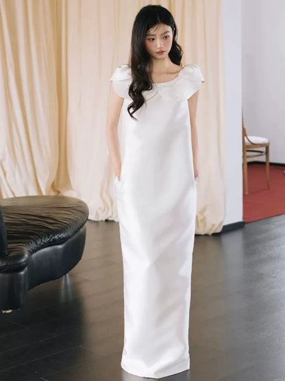 Modest Satin Jewel Neck Wedding Dress Sheath Beads Bridal Dress AP6817