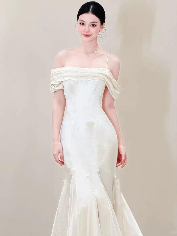 Simple Satin Mermaid Wedding Dress Off-Shoulder Beads Bridal Dress AP6818