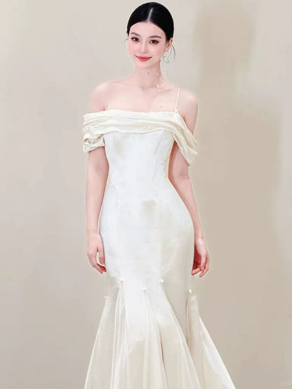 Simple Satin Mermaid Wedding Dress Off-Shoulder Beads Bridal Dress AP6818