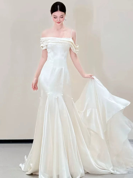 Simple Satin Mermaid Wedding Dress Off-Shoulder Beads Bridal Dress AP6818