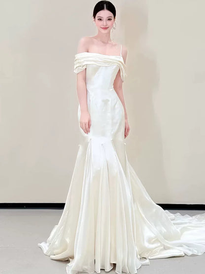 Simple Satin Mermaid Wedding Dress Off-Shoulder Beads Bridal Dress AP6818
