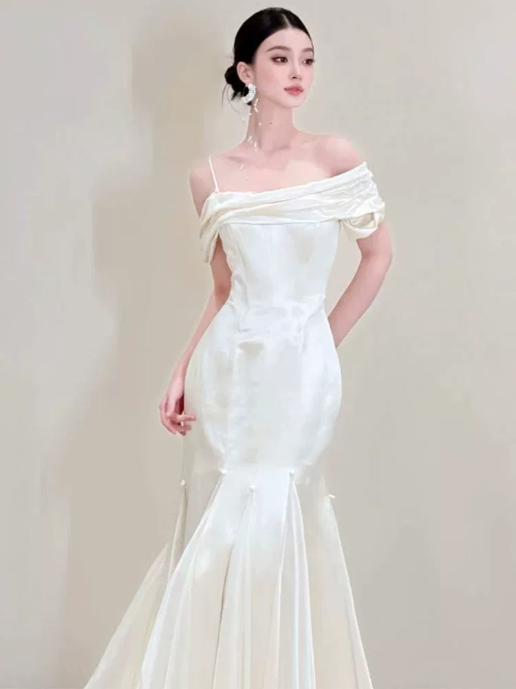 Simple Satin Mermaid Wedding Dress Off-Shoulder Beads Bridal Dress AP6818