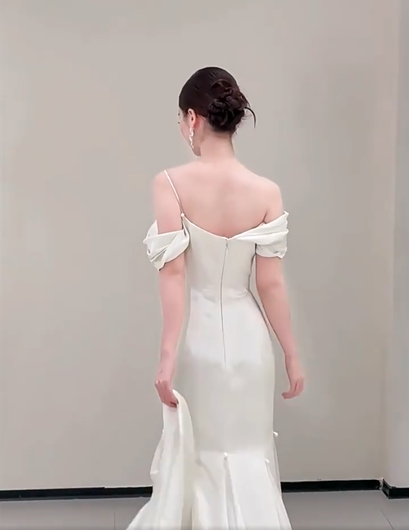 Simple Satin Mermaid Wedding Dress Off-Shoulder Beads Bridal Dress AP6818