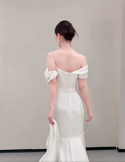 Simple Satin Mermaid Wedding Dress Off-Shoulder Beads Bridal Dress AP6818