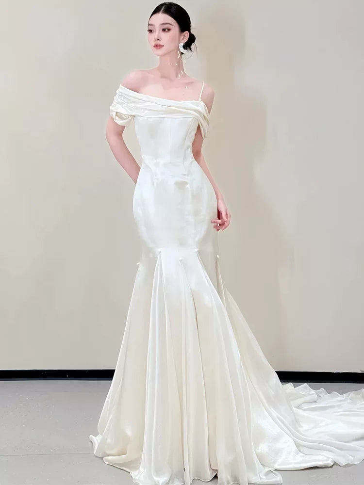 Simple Satin Mermaid Wedding Dress Off-Shoulder Beads Bridal Dress AP6818