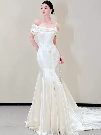 Simple Satin Mermaid Wedding Dress Off-Shoulder Beads Bridal Dress AP6818