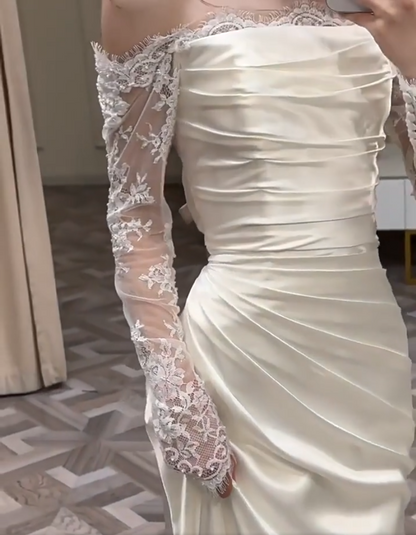 Showstopping Off-Shoulder Wedding Dress Lace Long Sleeve Bridal Outfit Sheath Bridal Dress AP6819