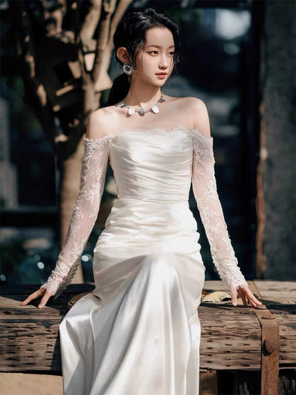 Showstopping Off-Shoulder Wedding Dress Lace Long Sleeve Bridal Outfit Sheath Bridal Dress AP6819