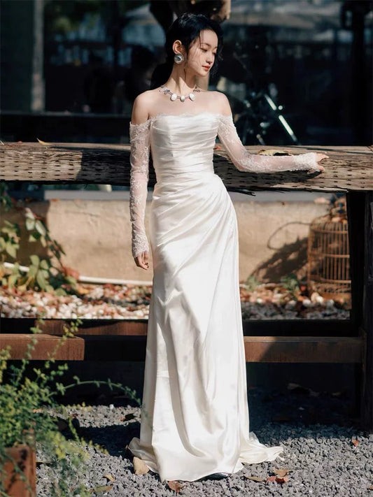 Showstopping Off-Shoulder Wedding Dress Lace Long Sleeve Bridal Outfit Sheath Bridal Dress AP6819