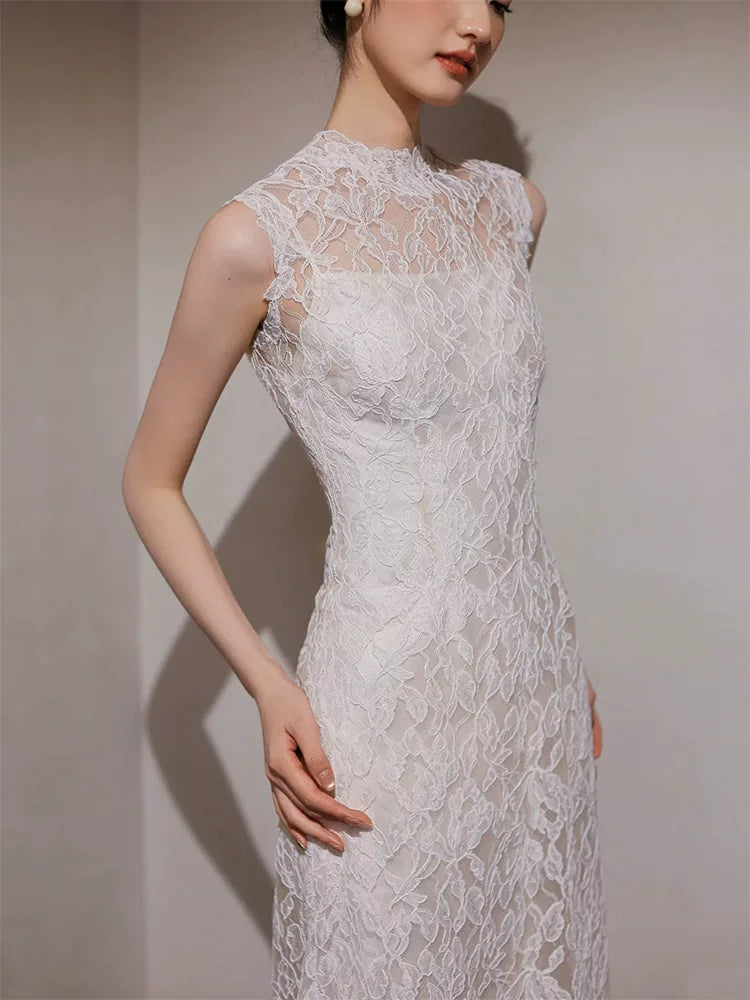Whimsical Mermaid Lace Wedding Dress Jewel Neck Open Back Bridal Dress AP6820